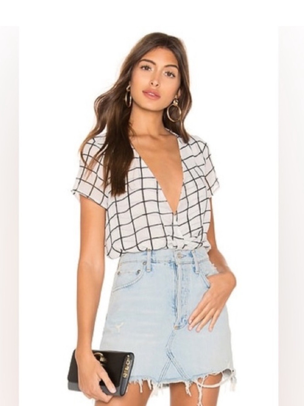 Revolve Superdown Marie deep v bodysuit windowpane white short sleeve xs womens